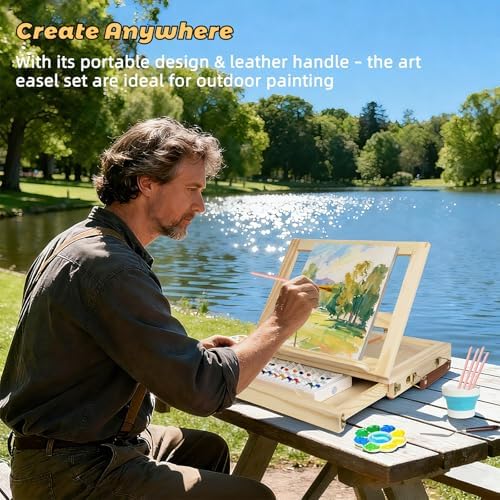 Portable Tabletop Easel Set 24-Piece Acrylic Paints Brushes Canvases