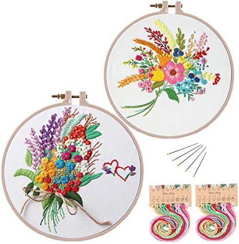 Konrisa Stamped Embroidery Kit with Pattern Floral DIY Sewing Cross Stitch Kits for Adult Flowers Plants Embroidery Starter Kit with Embroidery Floss,Hoops,Color Thread,Needle,Instruction,Set of 2