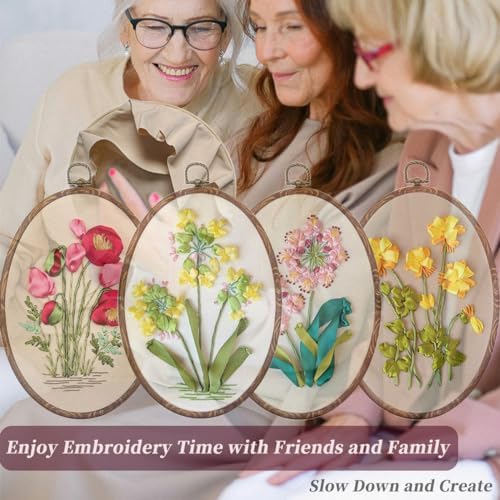 FONNUY Ribbon Embroidery 3D Flowers Pattern Design Kit Embroidery DIY Handwork Set Oval Home Decoration (Red Rose)