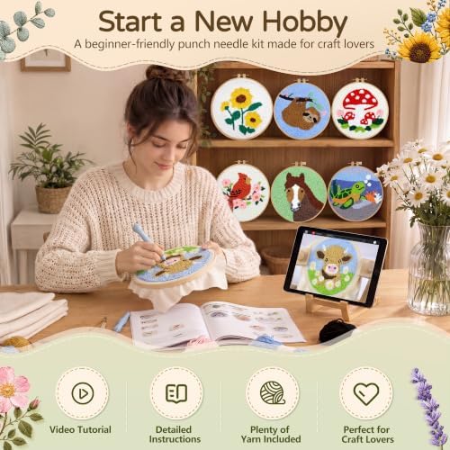 CYANFOUR Punch Needle Kit for Beginners, Sea Turtle Punch Needle Kits Adults, Craft Kits for Adults with 2 Pre-Printed Fabrics, Embroidery Hoop, Threads, DIY Gift and Home Decor 20 * 20cm