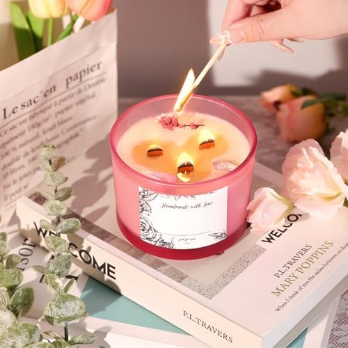 6 Pack Glass Candle Jars with Lids (16oz, Frosted Pink) - Large Candle Jars for 3 Wick Candles Making - Empty Candle Jars Containers - Candle Making Accessories Include 16Pcs Candle Labels