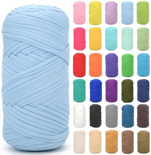 Tshirt Yarn for Crocheting,Sky Blue T Shirt Chunky Elastic Fabric Thick T-Shirt Crochet Yarn for Beginners Crocheting Hand Knitting Bag/Basket/Coasters/DIY Crafts/Home Decor 200G(Sky Blue