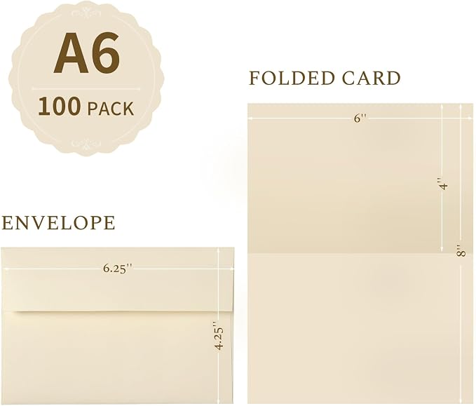 Goefun Folded Cream Blank Cards and Envelopes 4x6, 100 Pack