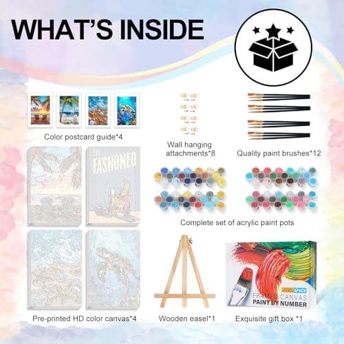 4 Pack Framed Paint by Numbers Kit for Adults with Wooden Easel, Beach | With Frame, Sea Turtle DIY Acrylic Painting, For Adults Beginner, Stress Relief Craft Kits, Home Wall Decor Gift, 8x12 IN