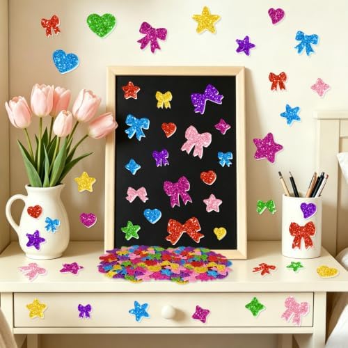 875PCS Glitter Foam Stickers, Colorful Heart & Star & Bow Stickers, Self-Adhesive Foam Stickers for Scrapbooking Card Making Birthday Party Classroom Decor Art Supplies (7 Colors)