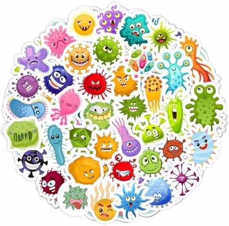 Germ Stickers for Water Bottle and Laptop - Germ Party Supplies & Decorations, Waterproof Vinyl Decals, Cute Microbe and Science Stickers, Gifts for Women & Men