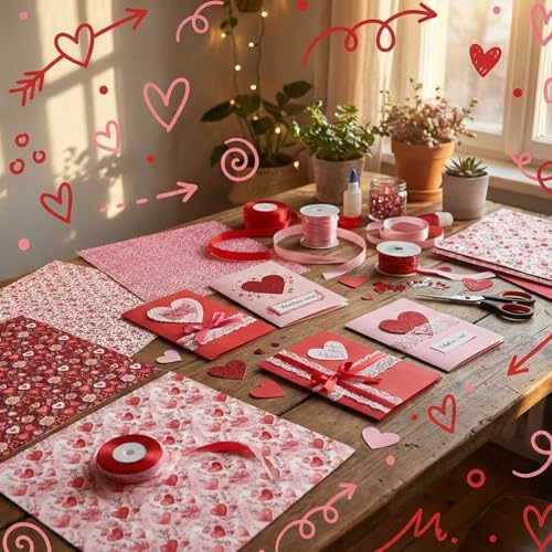 Red Valentine Scrapbook Paper Pad, 24 Sheets Heart Pattern Aesthetics Double Sided Print Floral DIY Crafts Collage Decoration for Photo Album Journals Card Folded Gift Wrapping Supplies