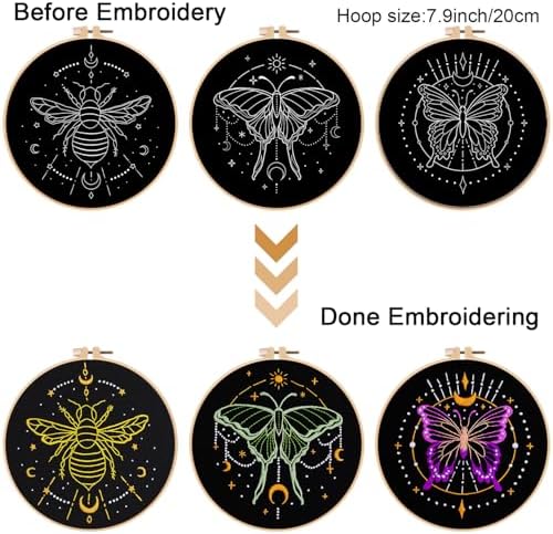 Louise Maelys 3 Sets Tarot Embroidery Kits for Beginners,Cross Stitch Kit for Adults,Crewel Starters Needlepoint with Moon, Butterfly, Bee and Moth Pattern and Tool