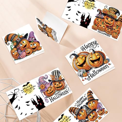 antor 6 Pack Halloween Pumpkin Diamond Painting Card Kits, DIY 5D Rhinestone Halloween Diamond Art Greeting Cards with Envelopes, Handmade Pumpkin Diamond Art Craft Kits for Adults Beginners