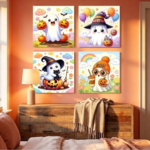 4 Pack Halloween Ghost Paint by Numbers Kit for Kids with Frame 8x8 inch