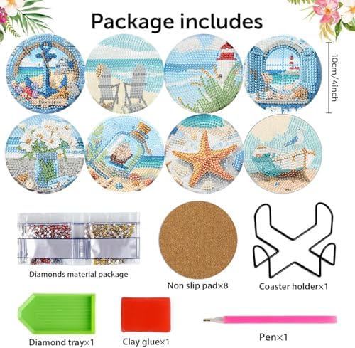 8 Pcs Beach Diamond Art Coasters Kits, Diamond Painting Coasters Kits ﻿ ﻿
