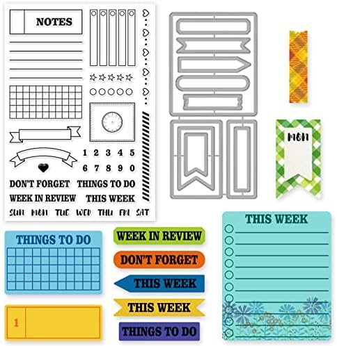 INFUNLY Stamps and Dies for Card Making Cutting Die and Stamps for Journaling Weekly Plan Silicone Clear Stamp and Die Set Silicone Planner Stamps for DIY Scrapbooking Journal Making Supplies