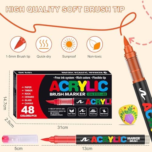 48 Colors Soft Brush Tip Acrylic Markers Set, Paint Pens for Rock, Wood, Fabric, Canvas, Glass, DIY Crafts, Waterproof Paint Markers, Vibrant Acrylic Pens for Artists and Art Projects