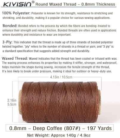Bonded 0.8mm Round Waxed Polyester Cord, 3-ply Wax Coated Thread, 197 Yards Stiff String for Heavy Duty Fabric, Leather Sewing, Book Binding, Upholstery Repair, and Macrame Jewelry - Deep Coffee