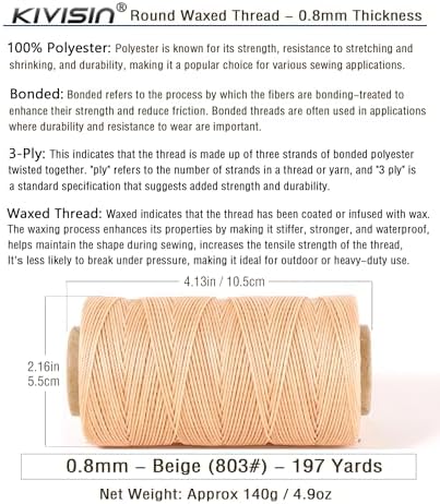 Bonded 0.8mm Round Waxed Polyester Cord, 3-ply Wax Coated Thread, 197 Yards Stiff String for Heavy Duty Fabric, Leather Sewing, Book Binding, Upholstery Repair, and Macrame Jewelry - Beige