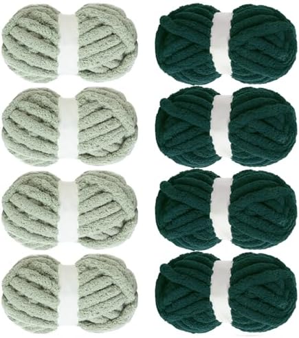 MABOZOO Assorted Chunky Yarn for Hand Knitting 8 Pack, Fluffy Jumbo Chenille Yarn, Soft Plush Yarn Bulky, Giant Thick Fuzzy Yarn for Arm Knitting,Sage Green & Dark Green(31.7 yds,8 oz Each Skein)