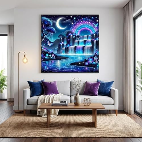 Diamond Art Kits for Adults, Waterfall Moon Diamond Painting Kit for Adults Beginners, Fantasy Rainbow Landscape Round Full Drill Diamond Dots DIY Gem Art Painting KIts for Home Decor 14 X 14 Inch