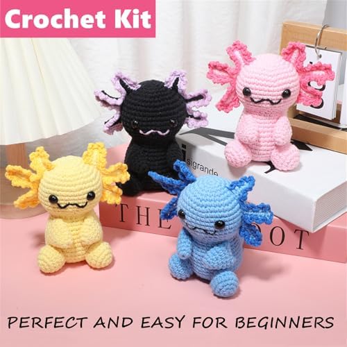 Milaflora 4Pack Axolotl Crochet Kit for Beginners Adults, DIY Crochet Animal Kit with Step-by-Step Video Tutorials, Crocheting Kits for Starters, Beginner Crochet Kit for Adults