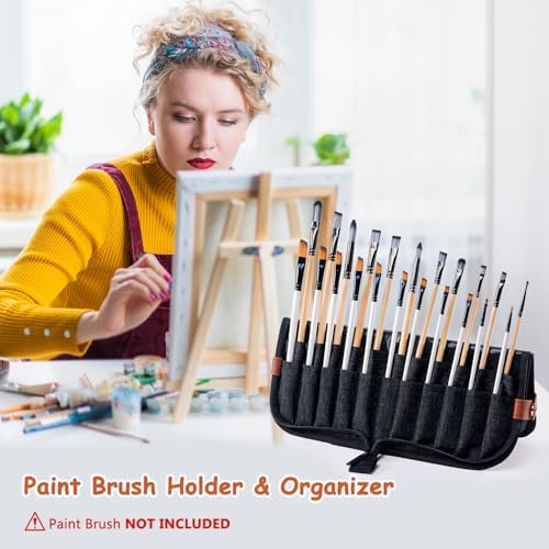 Paint Brush Holder Case for Artists with 22 Slots, Brush Organizer with Pop-Up Stand, Travel Paintbrush Storage Bag for Acrylic Oil Watercolor, Zippered Art Brush Cover (Brushes Not Included)