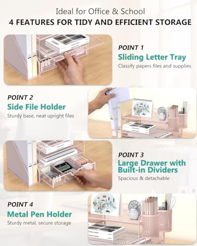WALI Desk File Organizer, 4 Tier Desktop Paper Letter Tray Organizer with Drawer and 2 Pen Holders, Office Desk Accessories & Workspace Organizers for Office, Home Supplies(DO005DH-P), 1 Pack, Pink