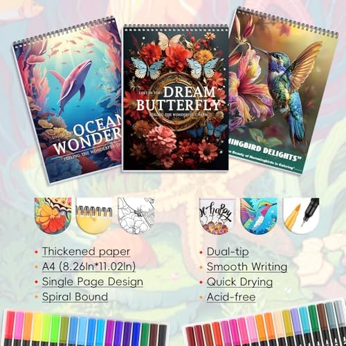 3Pcs Adult Coloring Book for Women Relaxation with 36 Dual Tip Color Marker