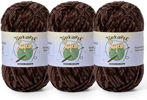 3 Pack of 300g (590yds) Fuzzy Chenille Yarn for Crocheting,Fluffy Amigurumi Crochet Yarn for DIY Craft/Hat/Clothes, Soft Velvet Baby Blanket Yarns（3 Coffee）