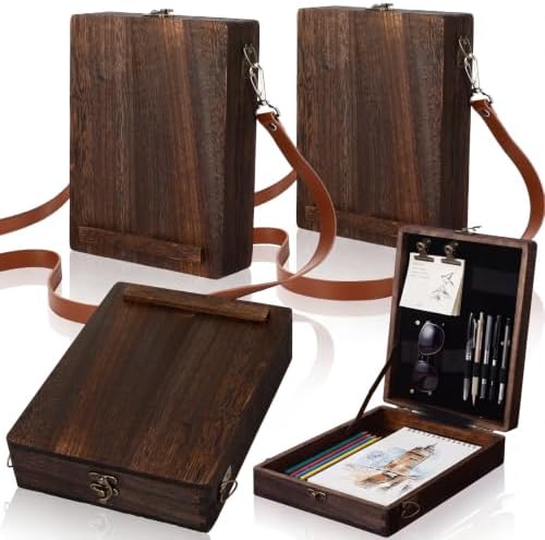 Junkin 4 Pack Writers Messenger Wood Box, Handmade Retro Crossbody Sketch Tool Box, Paulownia Wood Portable Artist Brush Storage Boxes Sketch Easel for Outdoor Painting, Stationery Storage(Walnut)