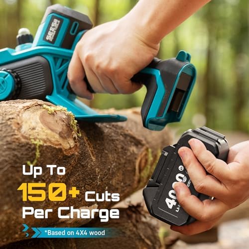 SEESII Flagship 8-Inch Cordless Mini Chainsaw, Upgraded Brushless Motor | Electric Chainsaw with 2×4000mAh Batteries, Tool-Free Chain Tension & Oiler, Handheld Saw for Fast Tree Branch Cutting