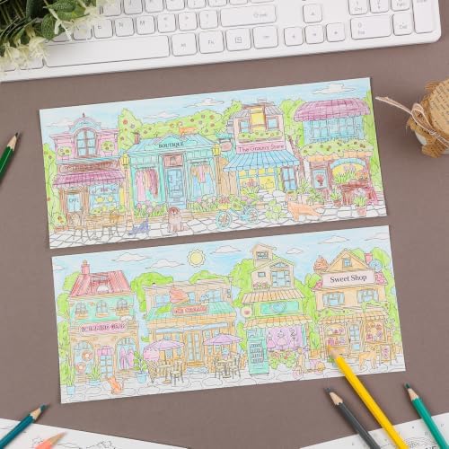 Birthday Coloring Cards, 4 Unique Blank Greeting Card Set with Streetscape, Season&Storefront, DIY Art Craft for Kids, Adults, Holiday Gift Ideas for Mom, Friends, Thank You&Greeting Card Collection