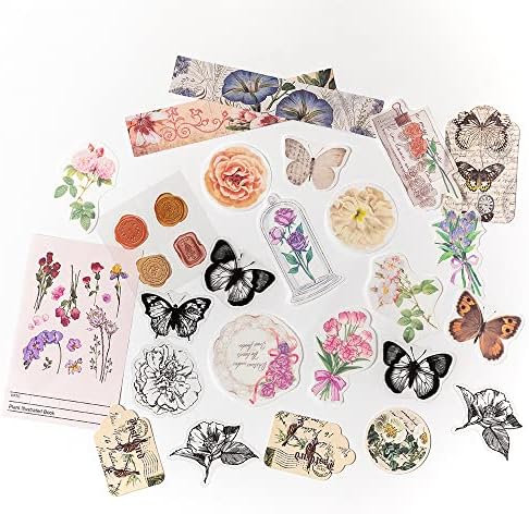Alideco 260pcs Vintage Scrapbook Stickers Scrapbooking Paper Washi Junk Journaling Supplies Collage Album Aesthetic Cottagecore Picture Frames(Flowers Butterfly)