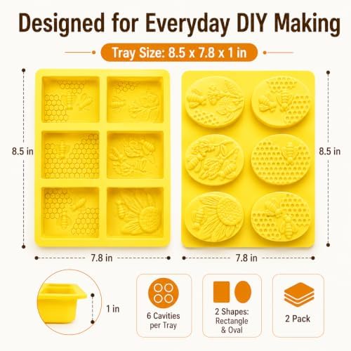 2 Pack 6 Cavity Bee Honeycomb Design, Rectangle & Oval Non-Stick Flexible Silicone Soap Molds for Soap, Wax Melts, Beeswax, Chocolate, Candle & Craft Making