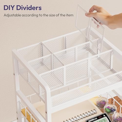 SWTYMIKI Rolling Cart with Drawers - Metal Craft Cart with Wheels, DIY Divider and Wood Shelf, Art Supply Organizer Craft Organizer and Storage, Utility Storage Cart for Home Office Studio, White