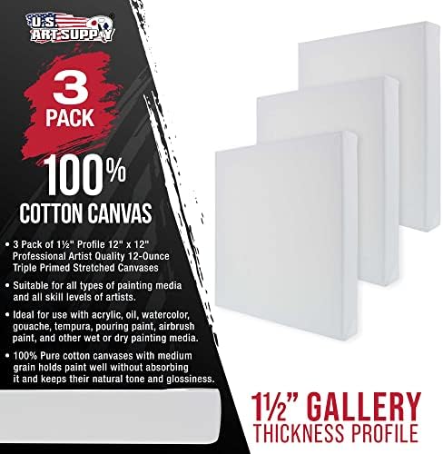 U.S. Art Supply 12"x12" Stretched Canvas for Painting, Gallery Depth 3-Pack | Square, 1-1/2" Thick - 12oz Acrylic Gesso Triple Primed, Professional Artist Quality, 100% Cotton - Oil, Pouring Paint
