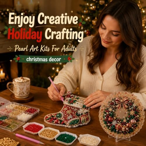 Cheerdox Christmas Pearl Diamond Arts Suncatcher DIY Kit, 5D Diamond Pearl Art Painting Acrylic Round Board with Lace Edge, Christmas Diamond Art Beads Craft Kit for Holiday (Style E)