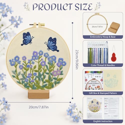 ElasignShopo Flower Embroidery Kit for Beginners Adults, Easy Cross Stitch Kit Forget Me Not Floral Pattern Embroidery Starter Kits Spring Summer with Wooden Hoop Needles Threads and Instruction