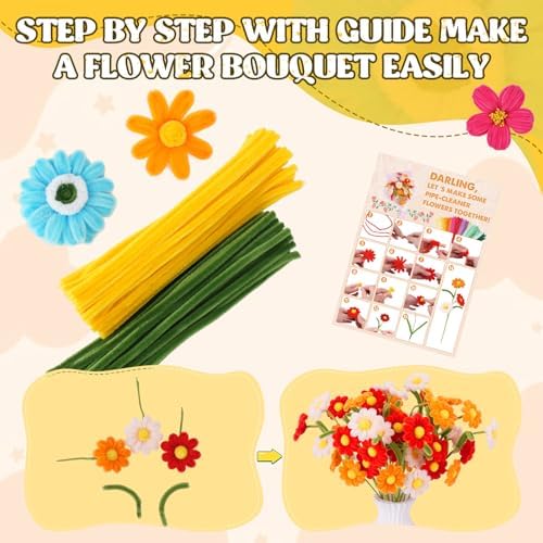 900PCS Pipe Cleaners Flower Kit, Pipe Cleaner Bulk Craft Flower Making Kit with Instruction, 8 Colors Thick Chenille Stems for Arts DIY Craft Supplies with Greeting Card, Floral Wires, Tape, Stamen
