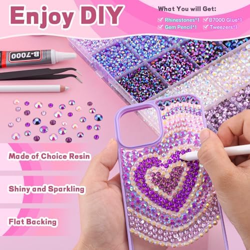 20000Pcs Purple Rhinestones for Bedazzling with B7000 Jewelry Glue, Resin Rhinestones for Crafting Crafts DIY, Bedazzler Kit Gems for Clothing Shoes Tumblers Fabric Nail Art Assorted Size 3/4/5/6mm
