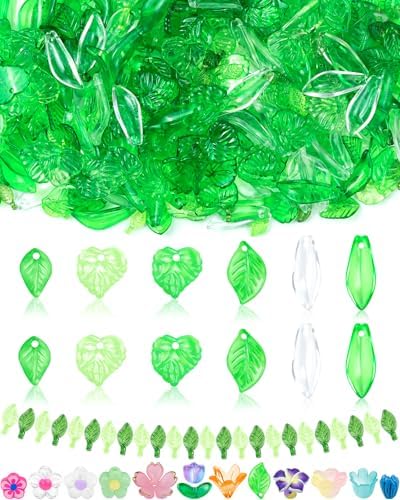 FIVEIZERO Flower Charms, 400Pcs Acrylic Green Leaf Beads for Jewelry Making