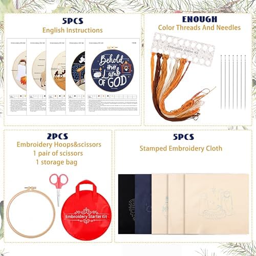 Tigeen 5 Sets Christian Nativity Scene Embroidery Kits for Starter Beginners Adult Jesus Cross Stitch Embroidery Kit Christian DIY Crafts Ornament with Instruction Hoop Needle Thread Needle Threader