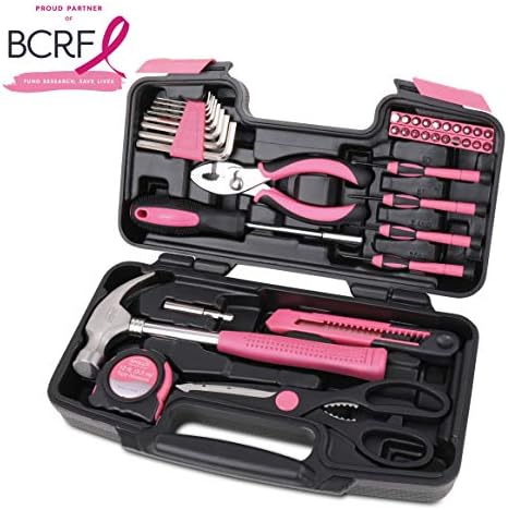Apollo Tools Original 39 Piece General Household Tool Set in Toolbox Storage Case with Essential Hand Tools for Everyday Home Repairs, DIY and Crafts - Pink Ribbon - DT9706P