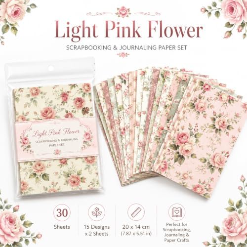 30 Sheets Vintage Floral Scrapbook Paper, 5.5x7.9 Inch Single-Sided Light Pink Rose Aesthetic Craft Paper for Junk Journaling, Card Making, Collage, Decoupage & DIY Projects