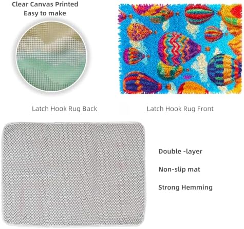 Latch Hook Rug Kit Colorful Hot Air Balloons Pre-Printed Handmade Carpet Crochet Yarn Craft DIY Hook and Latch Door Mat Tapestry for Home Floor Decoration 52x38cm-1