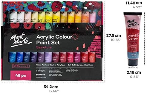 Mont Marte Acrylic Colour Paint Set Signature 48pc x 1.21 US fl.oz (36ml), Acrylic Paint Kit Ideal for Canvas, Wood, Air Dried Clay, Cardboard and More, Great Beginner Acrylic Paint Set, Includes 48 Colors