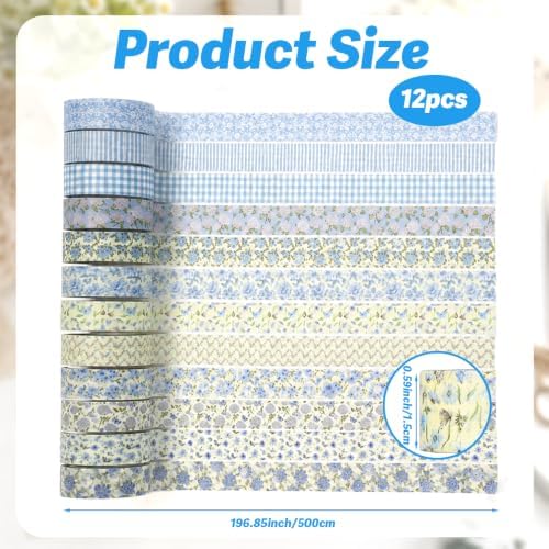 12 Rolls Floral Washi Tape Set, Blue Watercolor Flowers Design for for Journaling, Scrapbooking, DIY Craft, Planners, Gift Wrapping, Back to School Art Supplies