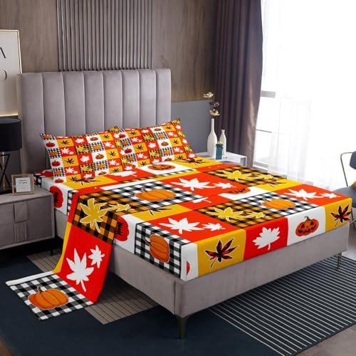 Halloween Pumpkins Bed Sheet Set King Size Fall Theme Checker Mattress Cover Farmhouse Style Grid Sheets for Boys Girls Bedroom Yellow Orange White with Flat,Fitted Sheet Pillowcase 4Pcs