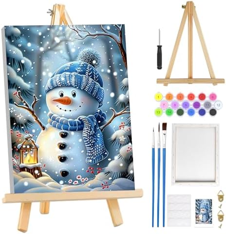 MOGTAA Christmas Paint by Numbers Kit for Adults Beginners with Frame, Christmas Snowman Adult Paint by Number Kits on Canvas with Easel, Easy DIY Winter Oil Painting Kits for Home Decor, 8x12in