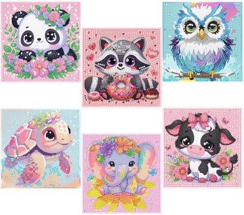 GQYCZZ 6 Pack 5D Diamond Painting Kits for Kids Beginners, Full Drill Cute Animals Diamond Art Kits, DIY Big Gem Art for Children Ages 6-7-8-9-12, Home Wall Decor 6x6 Inch