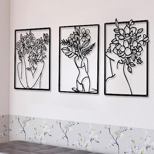 CHENGU 3 Pieces Metal Minimalist Abstract Woman Wall Art Line Drawing Wall Art Decor Single Line Female Home Hanging for Kitchen Bathroom Living Room