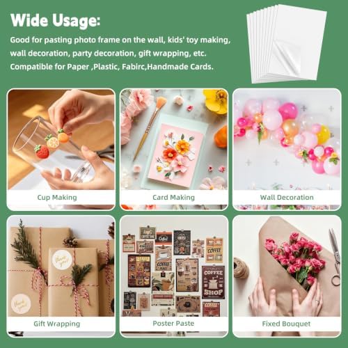 40 Sheets A4 Size 8.3x11.5 Inch Clear Double Sided Adhesive Tape Sheets, Super Strong Sticky Tape, DIY Art, Craft, Home Decorative Tape with White Liner