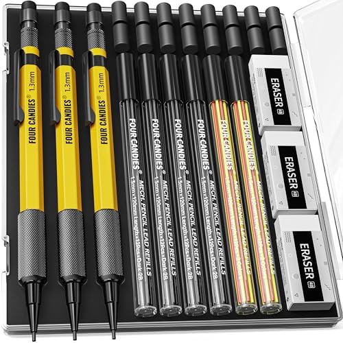 Four Candies 3PCS 1.3mm Metal Mechanical Pencil Set with Case (Yellow)